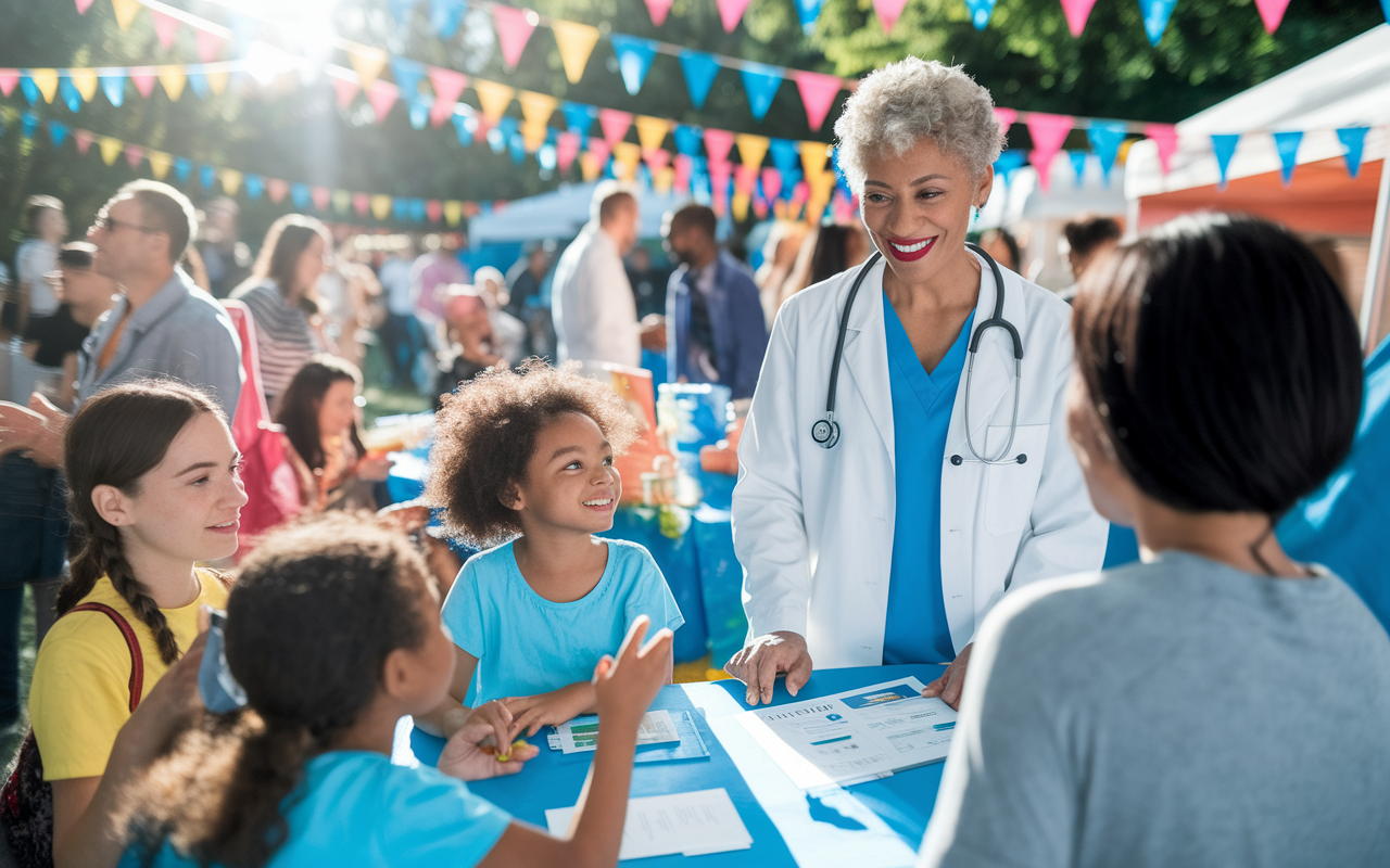 A vibrant community health fair where an internist interacts with visitors, providing health screenings and information on healthy living. The scene is bustling with families of various backgrounds participating in activities. Colorful booths are set up around the internist, who is engaged in a discussion with a parent about childhood nutrition. Bright sunlight and festive decorations create an inviting and uplifting atmosphere.