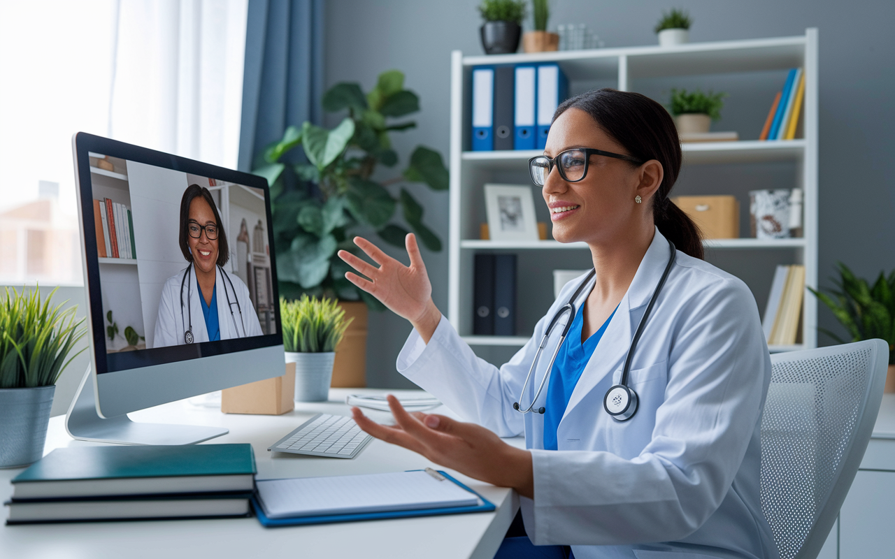 An internist is conducting a telemedicine session from a well-organized home office, speaking to a patient via video call. The internist, a woman with glasses, appears professional yet comfortable, with medical books and plants in the background. The screen displays the patient, who looks engaged and understands the conversation, highlighting the adaptability and comfort of modern healthcare in a home setting.