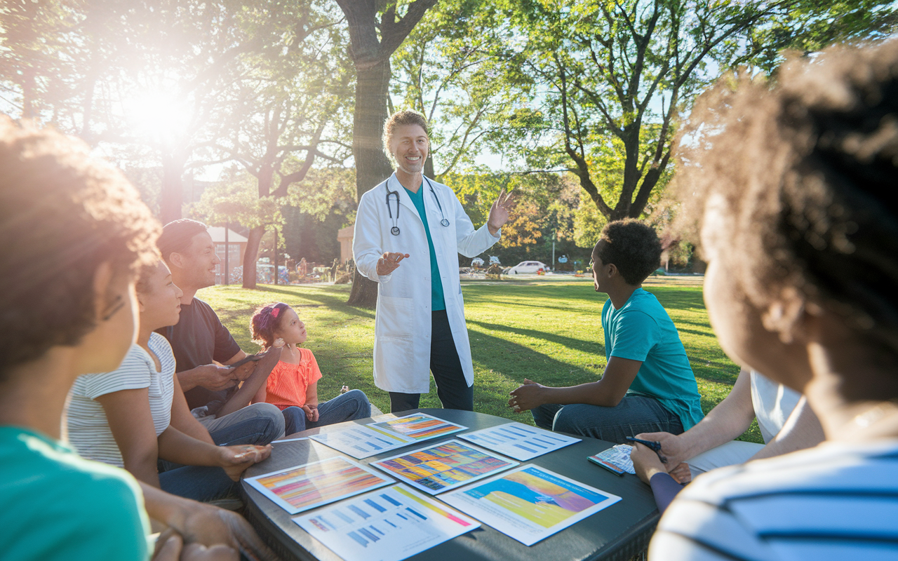 A vibrant scene of an internist leading a community health workshop in a local park. Families gather around for informational sessions on healthy eating and disease prevention. The internist is passionately speaking to a group, with colorful charts and pamphlets displayed. Sunlight filters through the trees, creating a warm, inviting atmosphere that emphasizes community engagement and wellness.