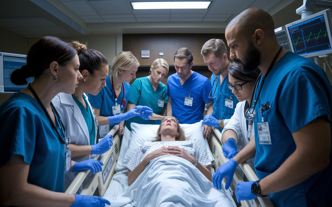 An intense scene in a hospital's intensive care unit, where a diverse group of healthcare providers—nurses, doctors, and social workers—are gathered around a patient's bed. Concerned expressions on their faces, they collaborate on a treatment plan, equipped with medical charts and technology. The lighting is stark, illuminating the urgency and teamwork required in palliative care.