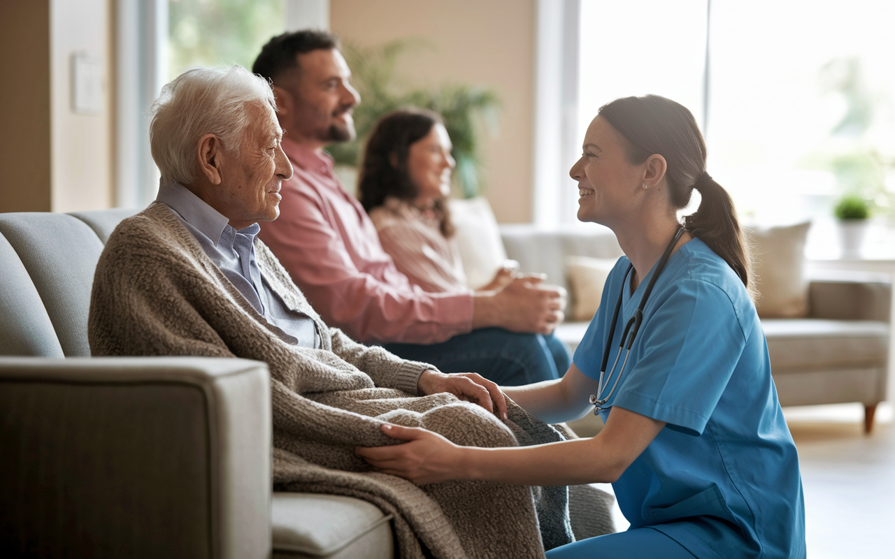 A warm, inviting living room where a palliative care nurse is kneeling beside an elderly patient sitting on a couch. The nurse is demonstrating compassion as she adjusts the patient's blanket, with family members in the background expressing gratitude. Natural light filters through the window, creating a peaceful and comforting atmosphere.