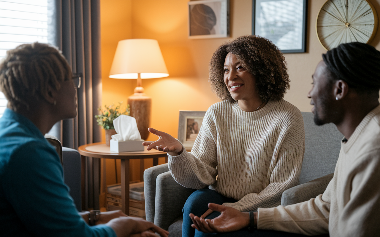 A comforting scene in a private consultation room, featuring a palliative care social worker engaging in a heartfelt conversation with a family. Emotive facial expressions depict the emotional support provided, with tissues available for comfort. The room is warmly lit and decorated to feel inviting and safe for discussing sensitive topics.