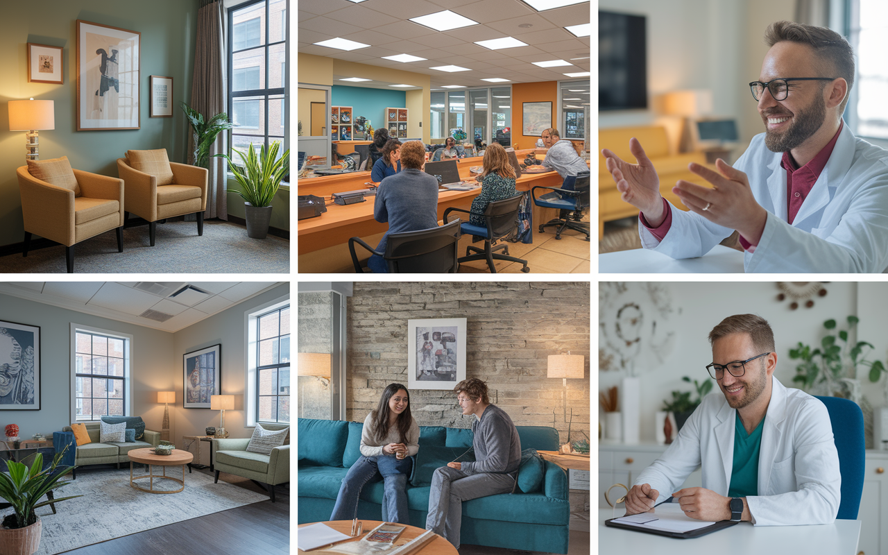 A vibrant collage of diverse psychiatric work settings: a cozy private practice office with soft lighting, a community health center bustling with activity, and a telepsychiatry session with a psychiatrist on a video call. Each scene reflects a different atmosphere: personal connection in the office, collaborative community work, and the flexibility of remote consultations, showcasing the versatility of the psychiatry practice.