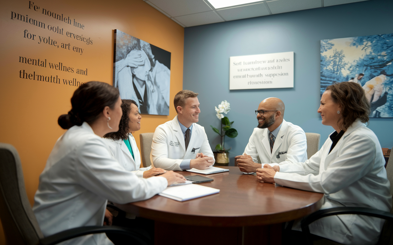 A warm, collaborative psychiatrist's office where several psychiatrists are engaged in a friendly discussion, sharing ideas and strategies for patient care. The walls are adorned with motivational quotes and artwork reflecting mental wellness themes. Soft lighting enhances the comforting atmosphere, promoting a sense of teamwork and emotional support within the mental health profession.