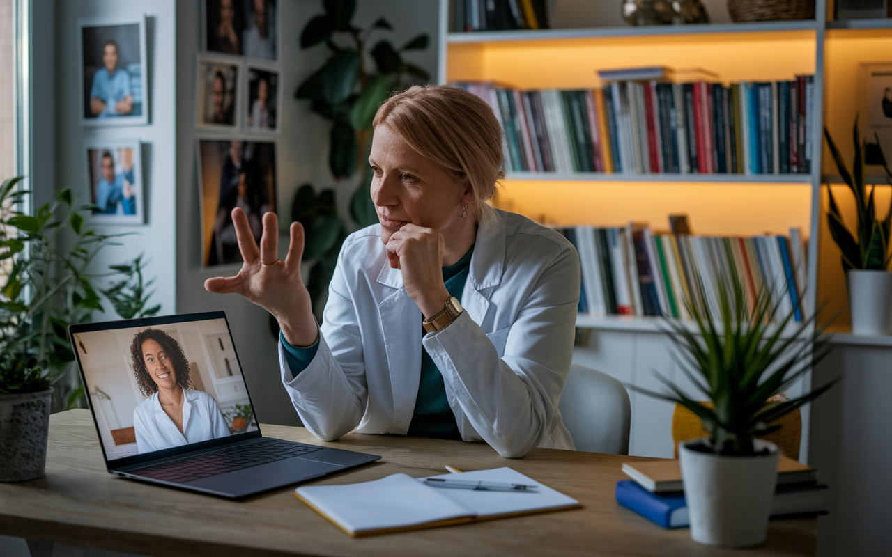 A psychiatrist in a cozy home office, participating in a telepsychiatry session via a laptop. The screen shows a patient attentively listening. The home office is filled with personal touches: family photos, plants, and a bookshelf lined with mental health literature. Soft lighting creates a warm ambiance, highlighting the modern nature of mental health care and the accessibility of services.