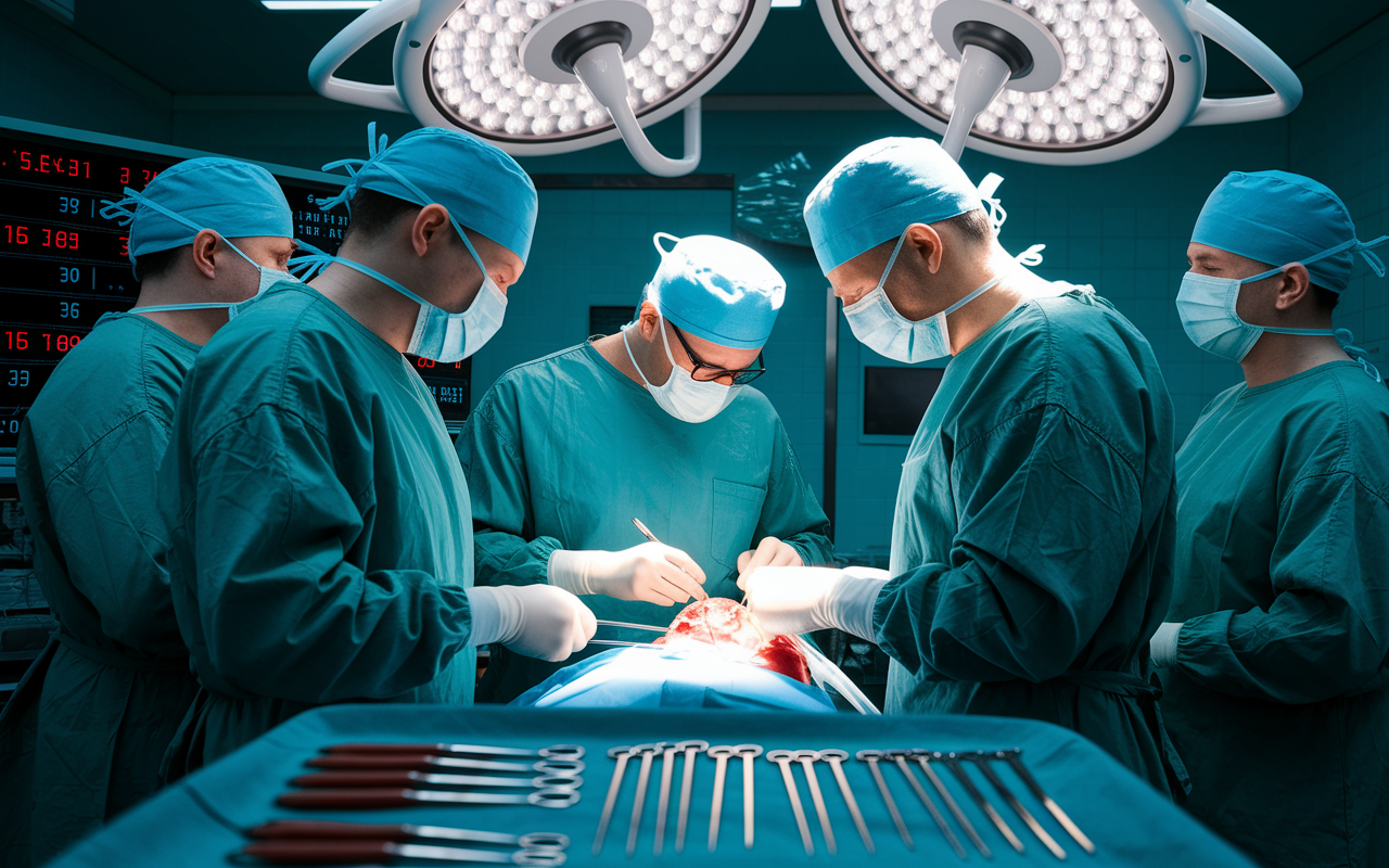 An intense surgical scene in an operating room where a team of surgeons in scrubs is focused on a complex operation. Bright surgical lights illuminate the room as vital signs beep rhythmically in the background. The atmosphere is charged with urgency and concentration, showing the high-stakes environment of surgery. Sterile tools are arranged neatly on a tray, and the lead surgeon is intently looking at the patient, illustrating the dedication required in high-pressure medical fields.