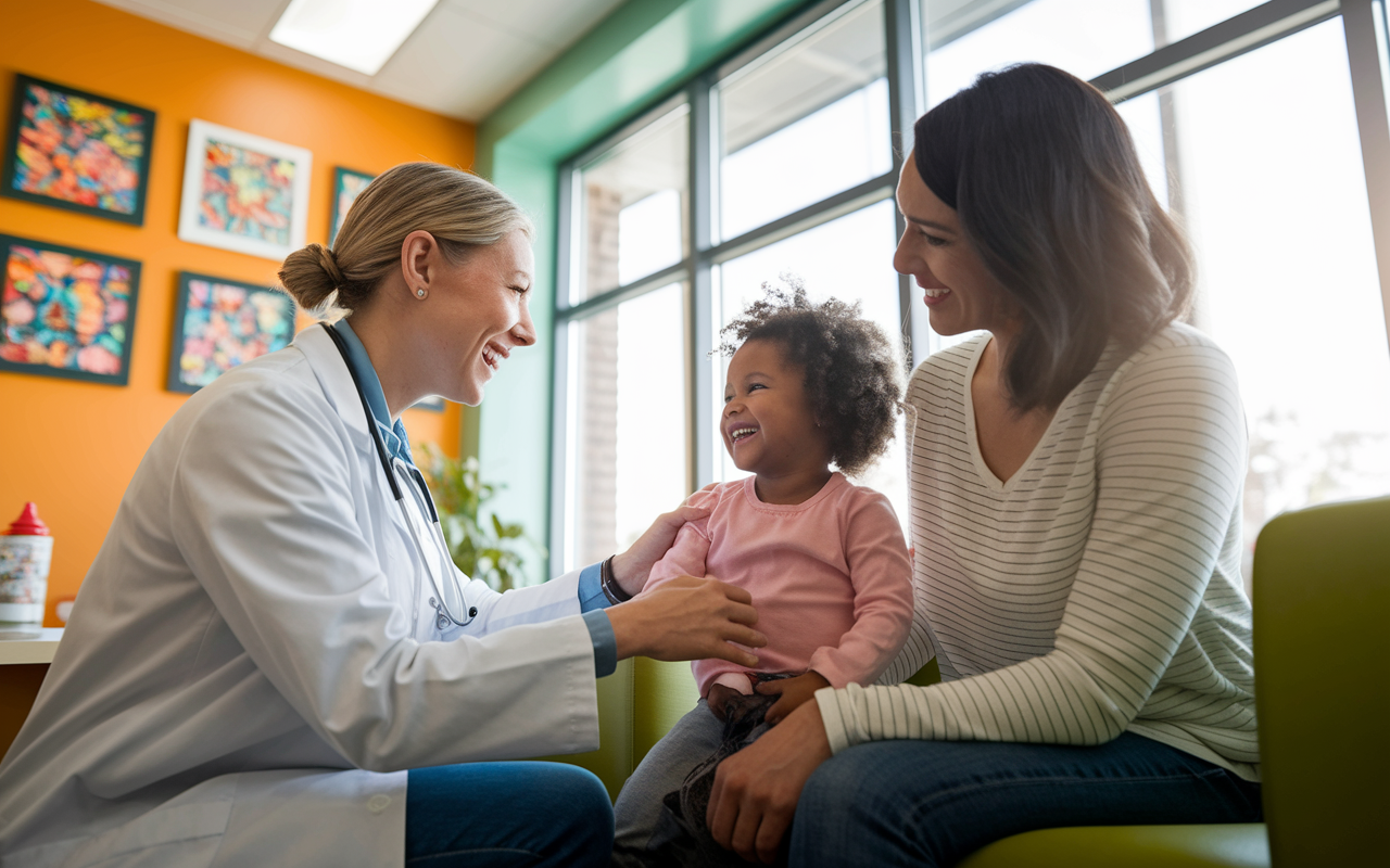 A warm and inviting pediatric office where a smiling pediatrician is interacting with a cheerful child and their parent. Colorful artwork adorns the walls, contributing to a friendly and nurturing atmosphere. The pediatrician is kneeling to the child's level, showing compassion and care, while light streams in through large windows. This scene captures the joy of meaningful patient interactions, highlighting the vibrant environment in which pediatricians work.