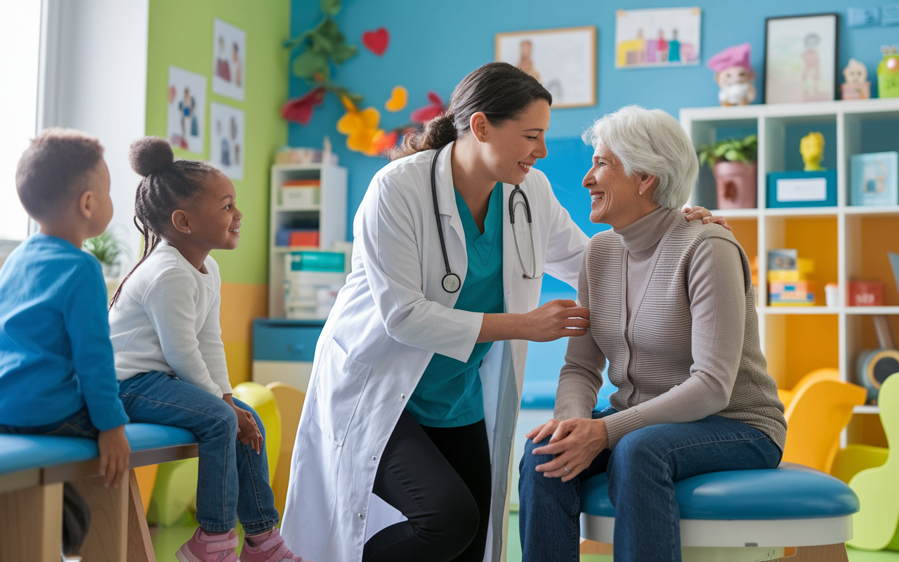 A vibrant and bustling family clinic where a compassionate family physician is conducting a check-up on an elderly patient while engaging with children in the waiting area. The clinic is decorated with bright colors and children's drawings, creating a welcoming environment. The doctor’s warm demeanor fosters trust, emphasizing the rewarding relationships nurtured in family medicine.