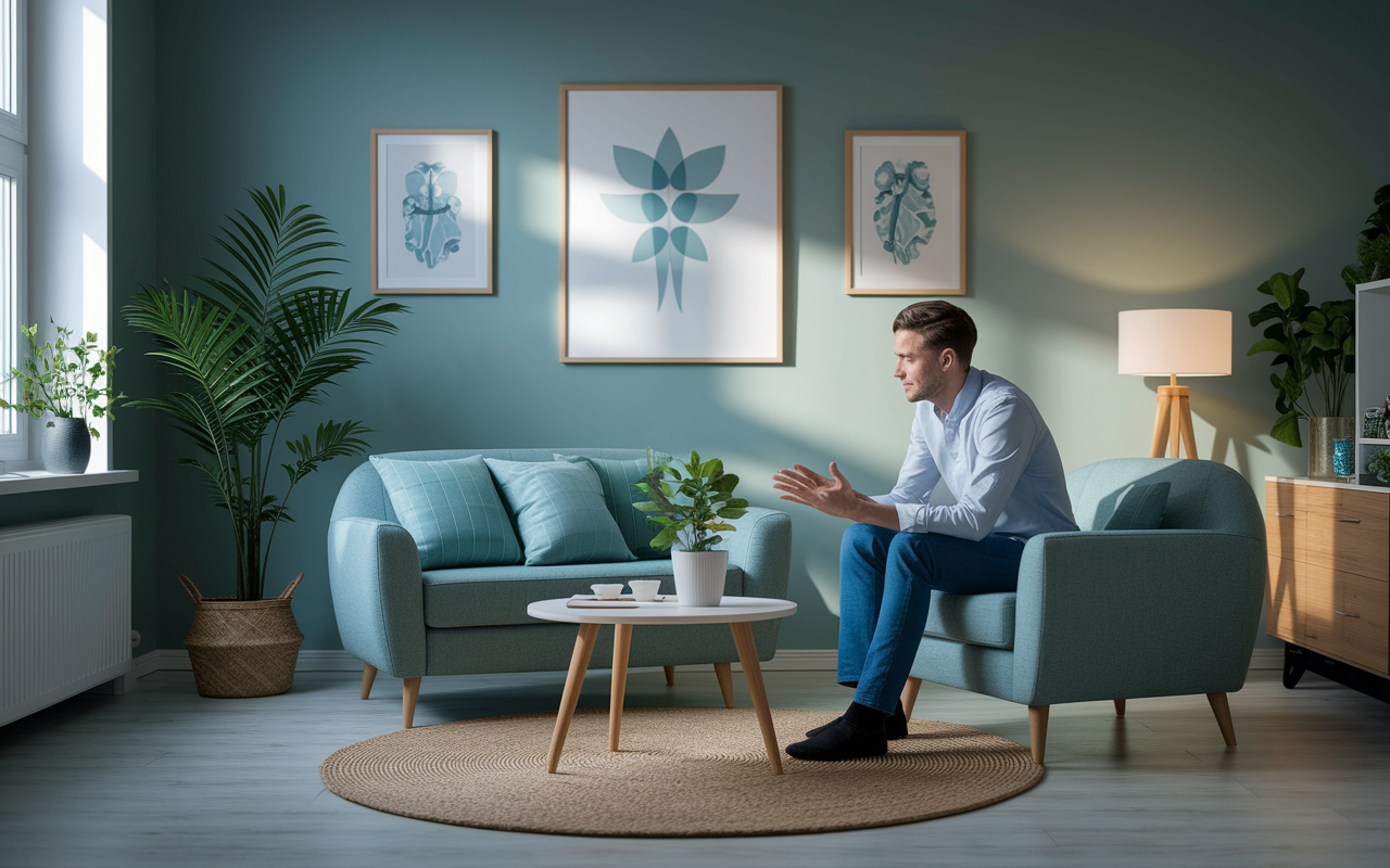 A serene and tranquil therapy room where a psychiatrist is engaged in a thoughtful conversation with a patient. The room is softly lit with calming colors, and comfortable furniture invites openness. The psychiatrist listens attentively, fostering an environment of trust and understanding that represents the deep connections formed in mental health care.