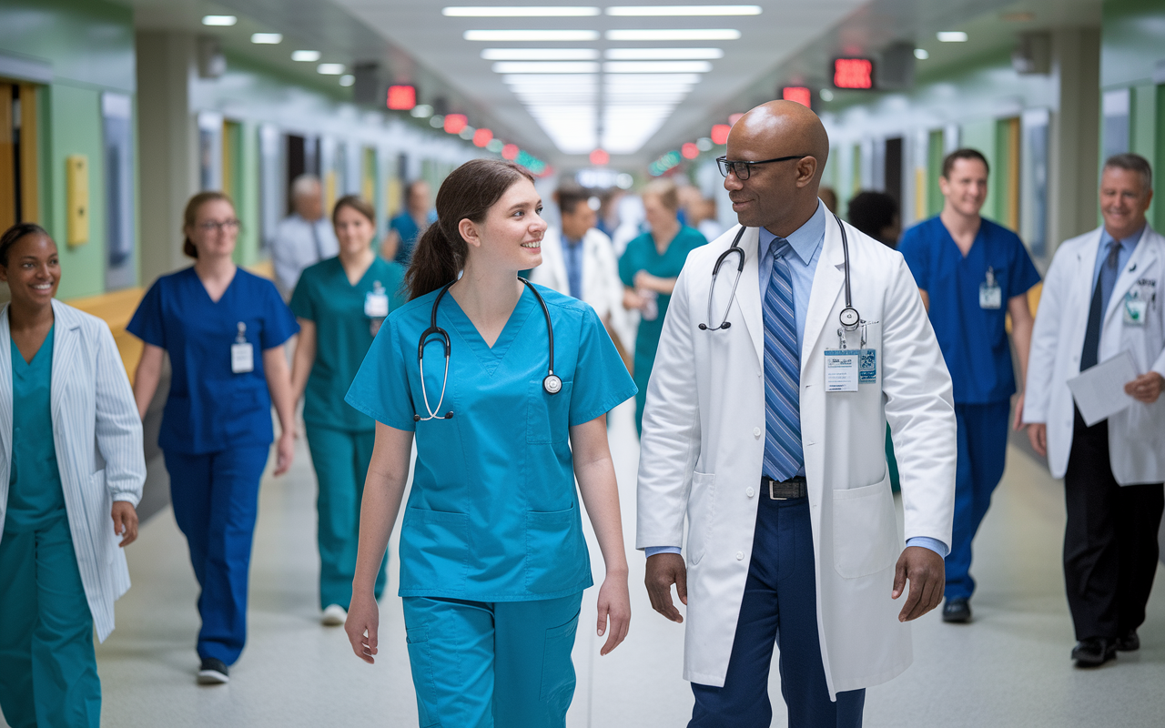 A young medical student shadowing an experienced physician in a hospital setting. They are walking down a bustling hospital corridor, discussing the various specialties. The environment is lively, showcasing a diversity of medical staff and patients, reflecting the vibrant life in healthcare and the importance of mentorship in medical training.