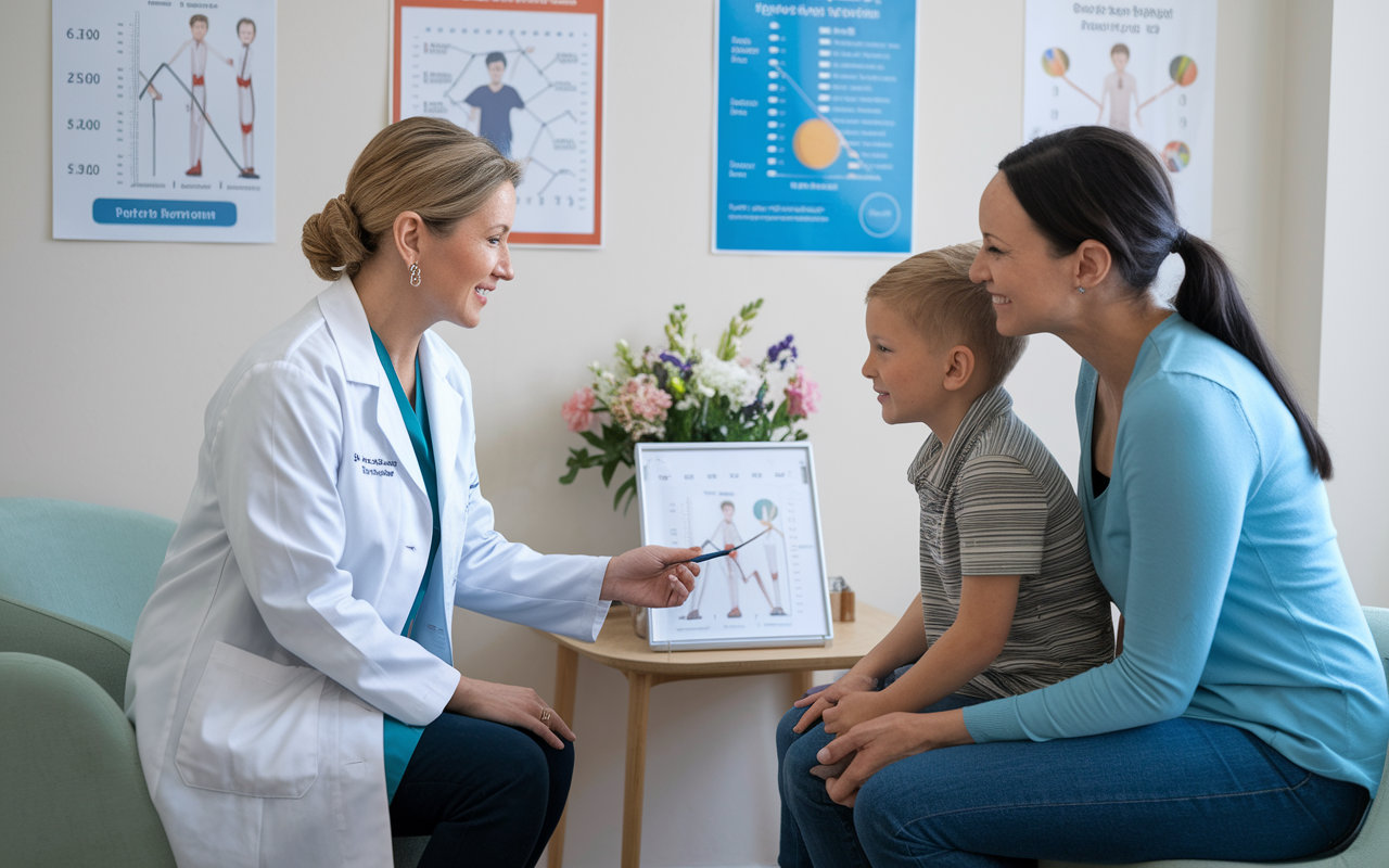 A caring pediatric endocrinologist, a middle-aged woman in a lab coat, is seated across from a young boy and his mother in a well-lit consultation room. Educational posters about growth and hormones decorate the walls. The endocrinologist points at a chart explaining a child's growth progress while the mother listens attentively, showing a supportive dynamic. Fresh flowers are placed on a small table, adding warmth to the professional yet welcoming environment.