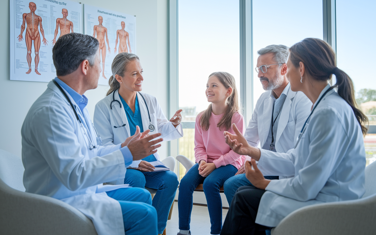 A pediatric rheumatologist discusses treatment plans in a modern consultation room with a team of healthcare professionals. The room is bright and airy, with large windows providing natural light. Charts of musculoskeletal anatomy and autoimmune conditions are displayed. All team members are engaged and focused on the young girl sitting nearby, who appears hopeful, showcasing a supportive and collaborative approach to her care.