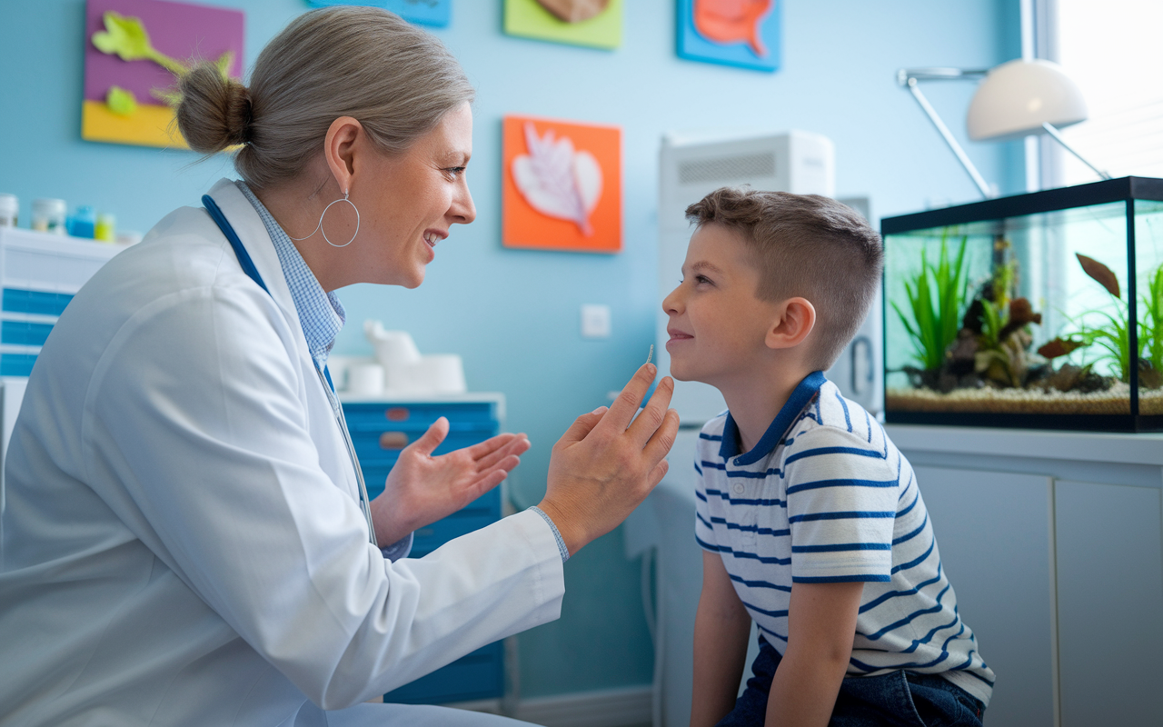 A friendly pediatric allergist in a cozy office surrounds a young boy who is undergoing an allergy test. The allergist explains the process calmly while the boy listens closely, displaying curiosity and a bit of apprehension. Colorful illustrations of different allergens adorn the walls, and a small aquarium in the corner brings a sense of tranquility to the room. The atmosphere is filled with trust and care, emphasizing the importance of long-term patient relationships.