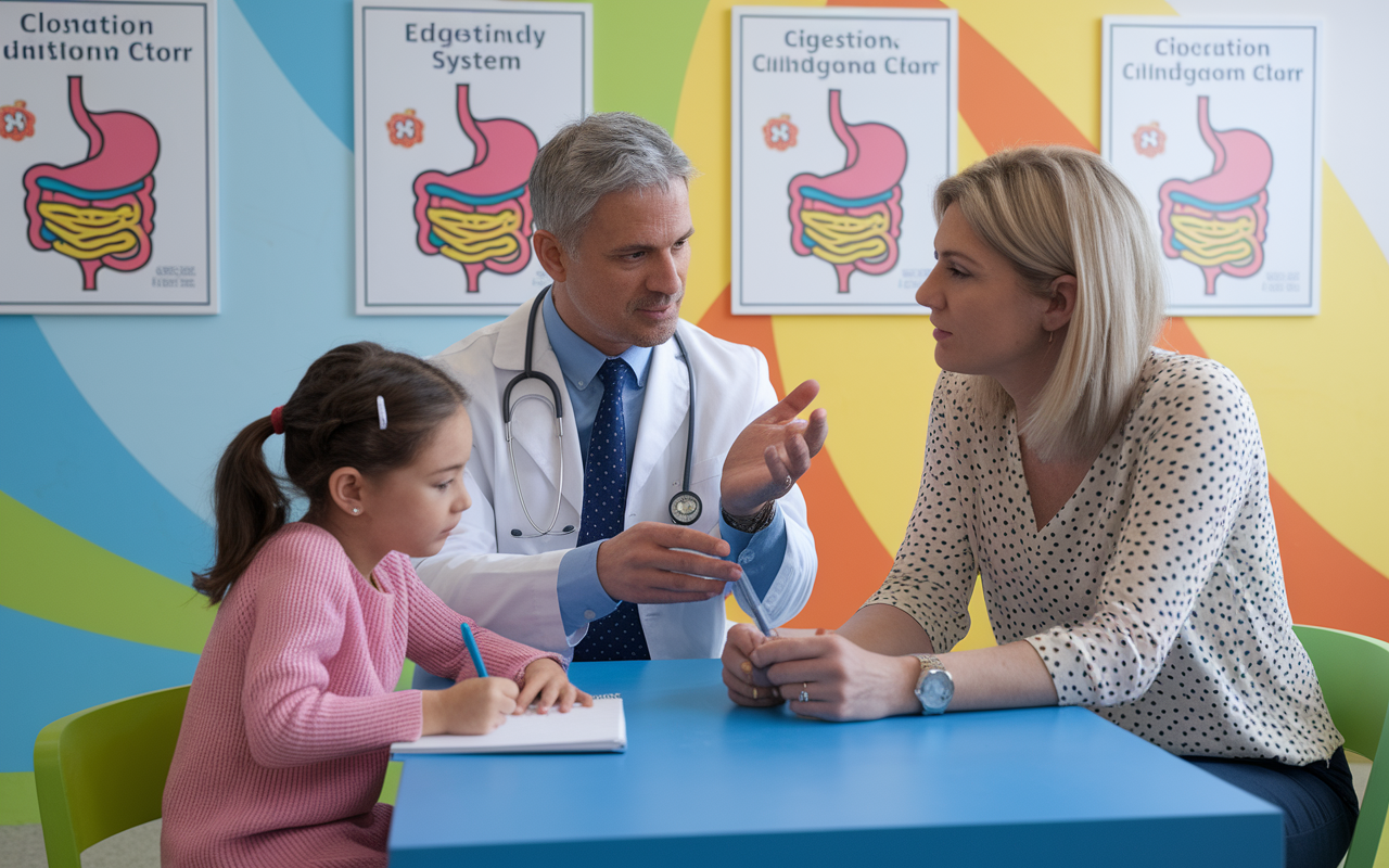 A pediatric gastroenterologist is explaining dietary adjustments to a concerned mother while their daughter draws on a notepad, fully engaged in a colorful pediatric clinic. The room is aesthetically designed with bright, playful colors and kid-friendly decor. Clinical charts about the digestive system hang on the walls, creating an educational yet comforting environment. The interaction highlights collaboration and patient-focused care.