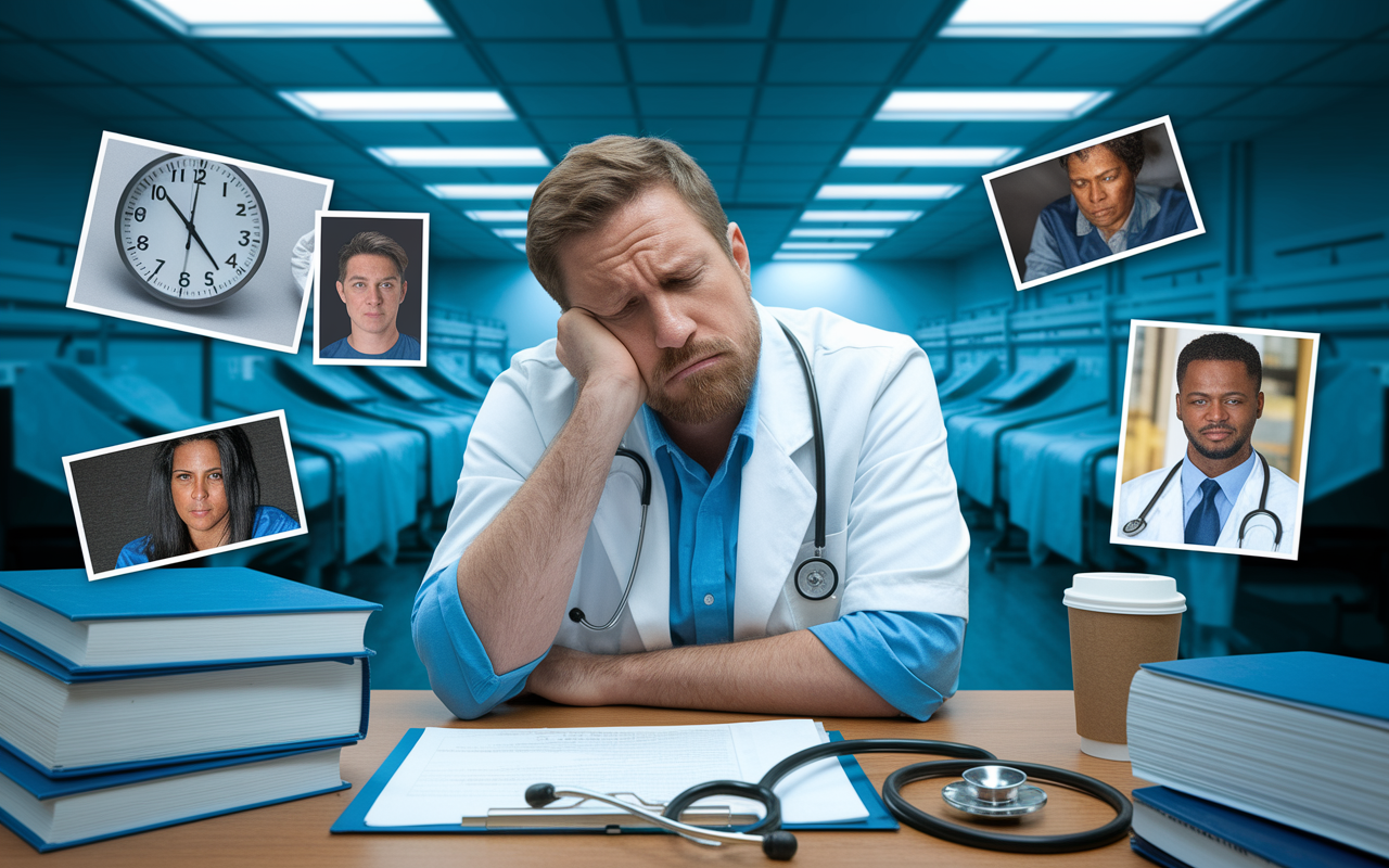 A scene depicting a tired physician, looking contemplative, leaning over a desk filled with medical textbooks, papers, and a stethoscope. The backdrop shows a hospital ward with fluorescent lights casting a harsh glow, symbolizing the stress and demands of traditional medical careers. Around the physician, images of burnt-out professionals and indicators of long hours—such as a clock showing late hours, coffee cups, and reminders of missed personal time—add emotional depth to the concept of burnout in medicine.