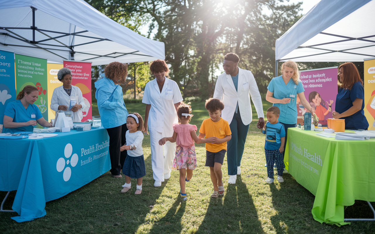 A vibrant outdoor community health event, where healthcare workers are interacting with diverse families. Booths promoting health services, colorful banners about disease prevention, and activities engaging children and adults alike reflect the joy and vitality of public health initiatives. The sun is shining brightly, providing a hopeful atmosphere as healthcare professionals and community members collaborate toward better health outcomes.