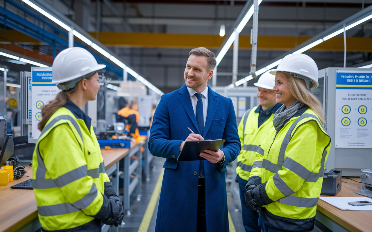 A physician in a smart overcoat conversing with factory workers in a well-lit workplace. The setting is filled with safety equipment, ergonomic workstations, and health posters promoting safety. The physician is holding a clipboard, demonstrating engagement and attentiveness to worker health and safety issues, while the workers appear relaxed and receptive, emphasizing the positive impact of occupational health initiatives.