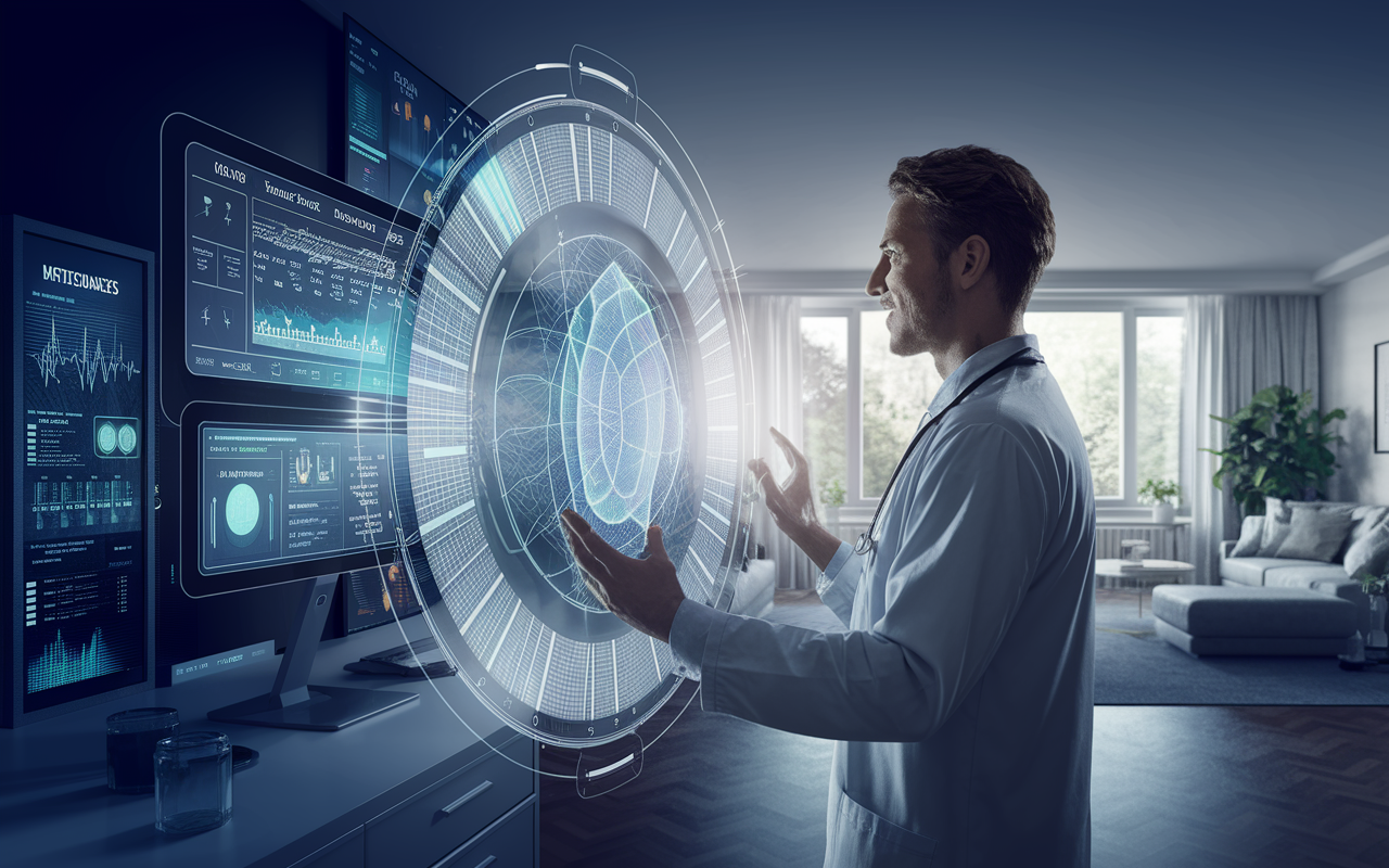 A futuristic depiction of a physician engaged in a telemedicine session via a holographic interface. The background merges elements of home comfort with sleek technology, featuring digital monitors displaying patient data, vibrant graphics of health metrics, and a tranquil home environment. The physician, looking approachable and knowledgeable, represents the blend of technology and personal care that defines the future of telehealth.