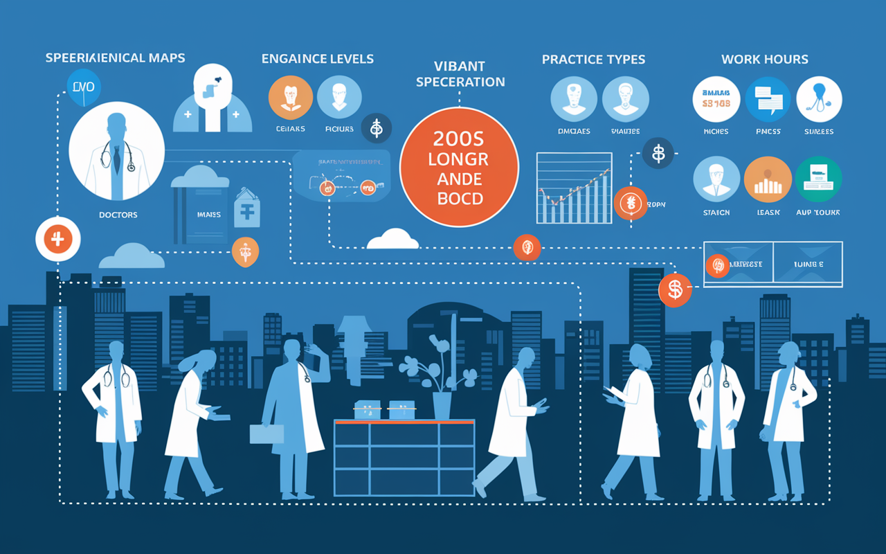 A detailed infographic illustrating the various factors influencing physician salaries, featuring icons representing specialties, geographical maps, experience levels, practice types, and work hours. Vibrant colors and clear labels create an engaging and informative design, while silhouettes of doctors in the background suggest a busy medical environment.