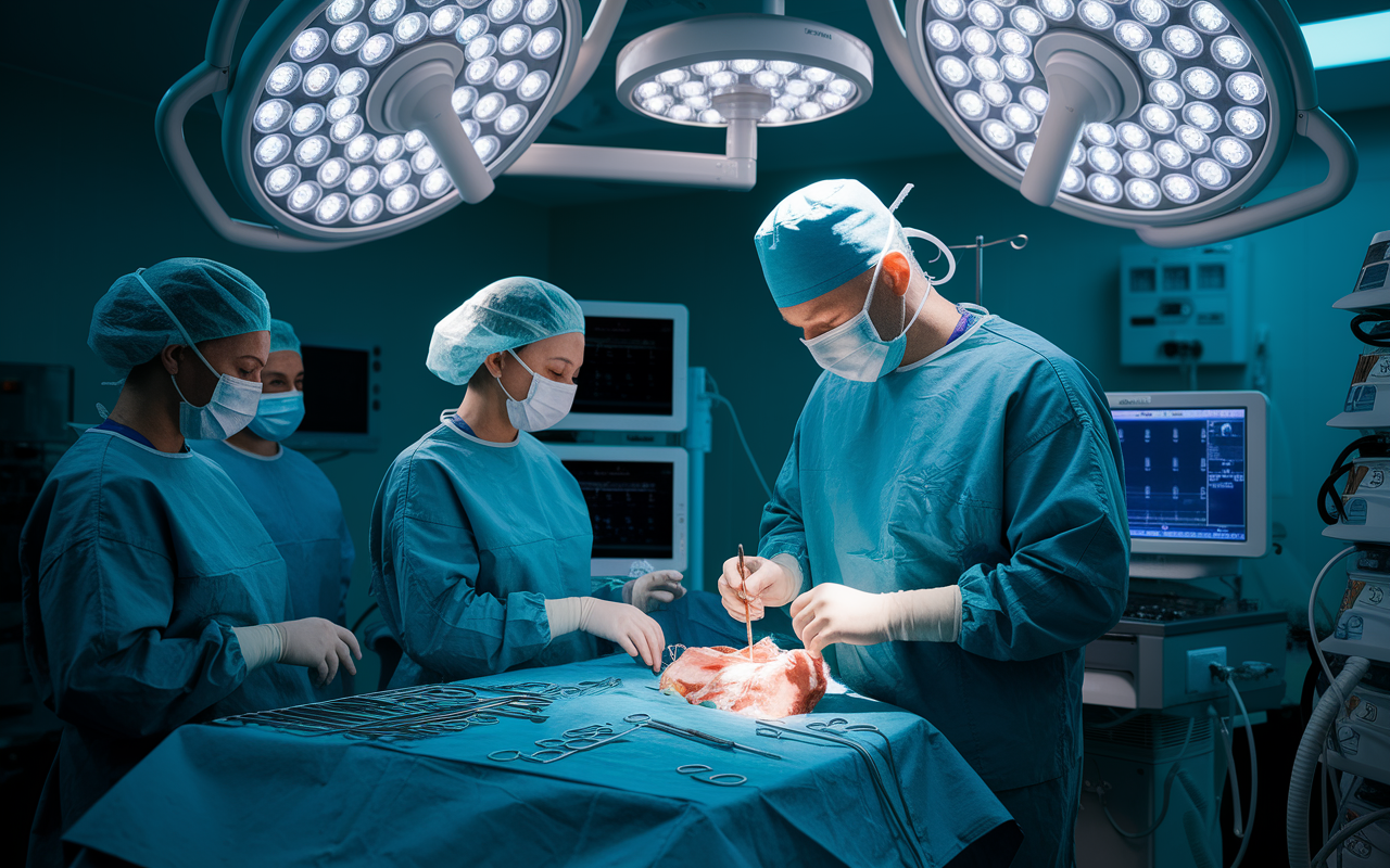 An orthopedic surgeon in a high-tech operating room, dressed in surgical scrubs and mask, focused on performing a complex hip replacement surgery. The scene is illuminated with bright surgical lights creating a sterile environment, with medical staff assisting and advanced equipment visible in the background. The atmosphere exudes precision and urgency.