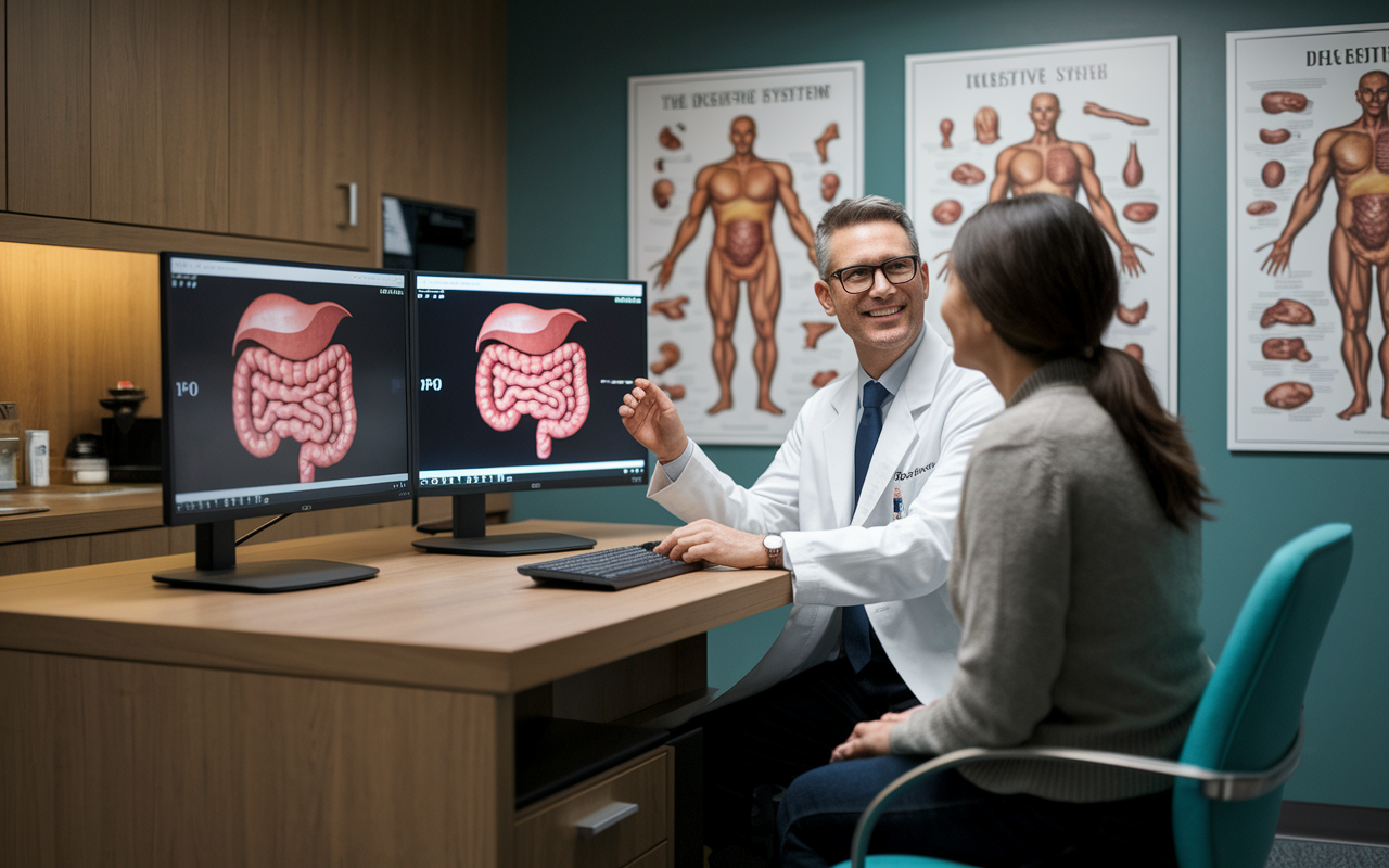 A gastroenterologist in a state-of-the-art clinic room, reviewing an endoscopic image on a monitor while consulting with a patient sitting across the desk. The room is warmly lit and well-organized, with anatomical charts on the walls that highlight the digestive system. The interaction between the doctor and patient conveys trust and professionalism.