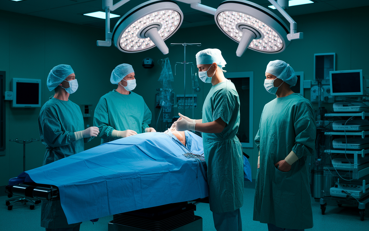 An anesthesiologist standing beside a patient on an operating table, preparing equipment and monitoring vital signs while communicating with the surgical team. The operating room is bright with focused lighting, showcasing advanced anesthetic technology. The setting emphasizes teamwork and expertise in a critical moment.