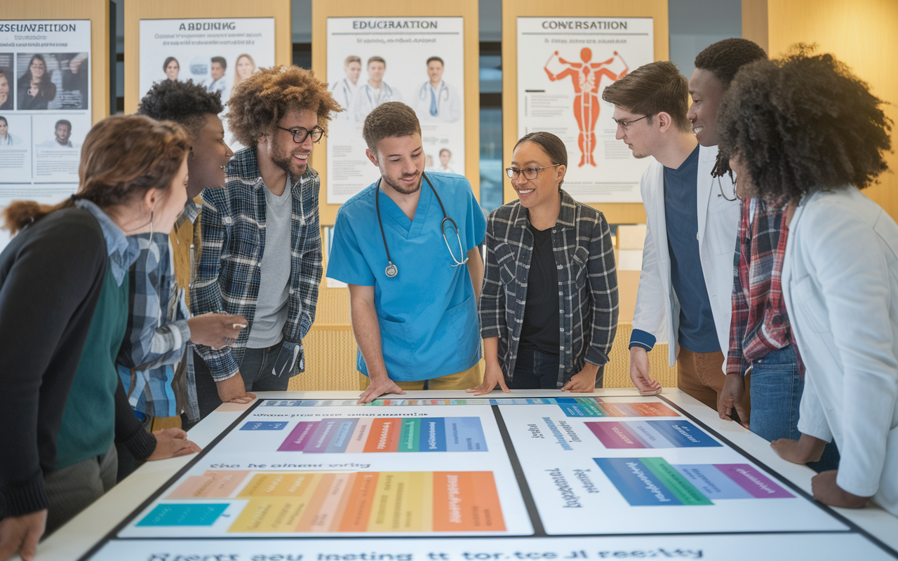 A group of diverse aspiring medical students gathered around a large display board, discussing their aspirations and options related to medical specialties. The room is filled with educational posters, and the students are engaged in conversation and collaboration, showcasing ambition and curiosity. The lighting is warm and inviting, with a sense of encouragement in the air.