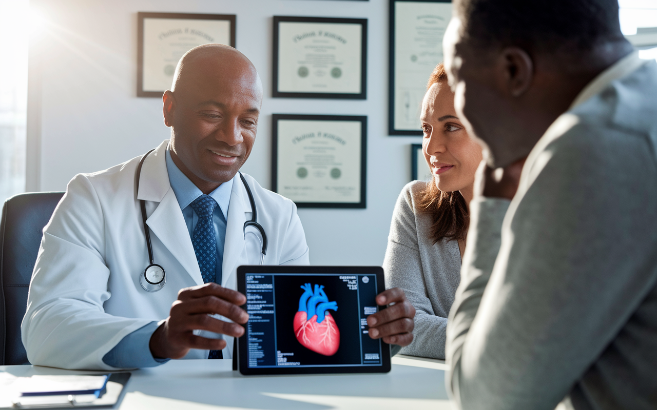 An experienced cardiologist dressed in a white coat, sitting across from a patient in a modern medical office, examining a detailed heart scan displayed on a tablet screen. The cardiologist, with a compassionate expression, explains the diagnostic results, while the patient displays curiosity and concern. The room is sunlit with framed medical degrees on the wall, encapsulating a sense of professionalism and care in cardiology.