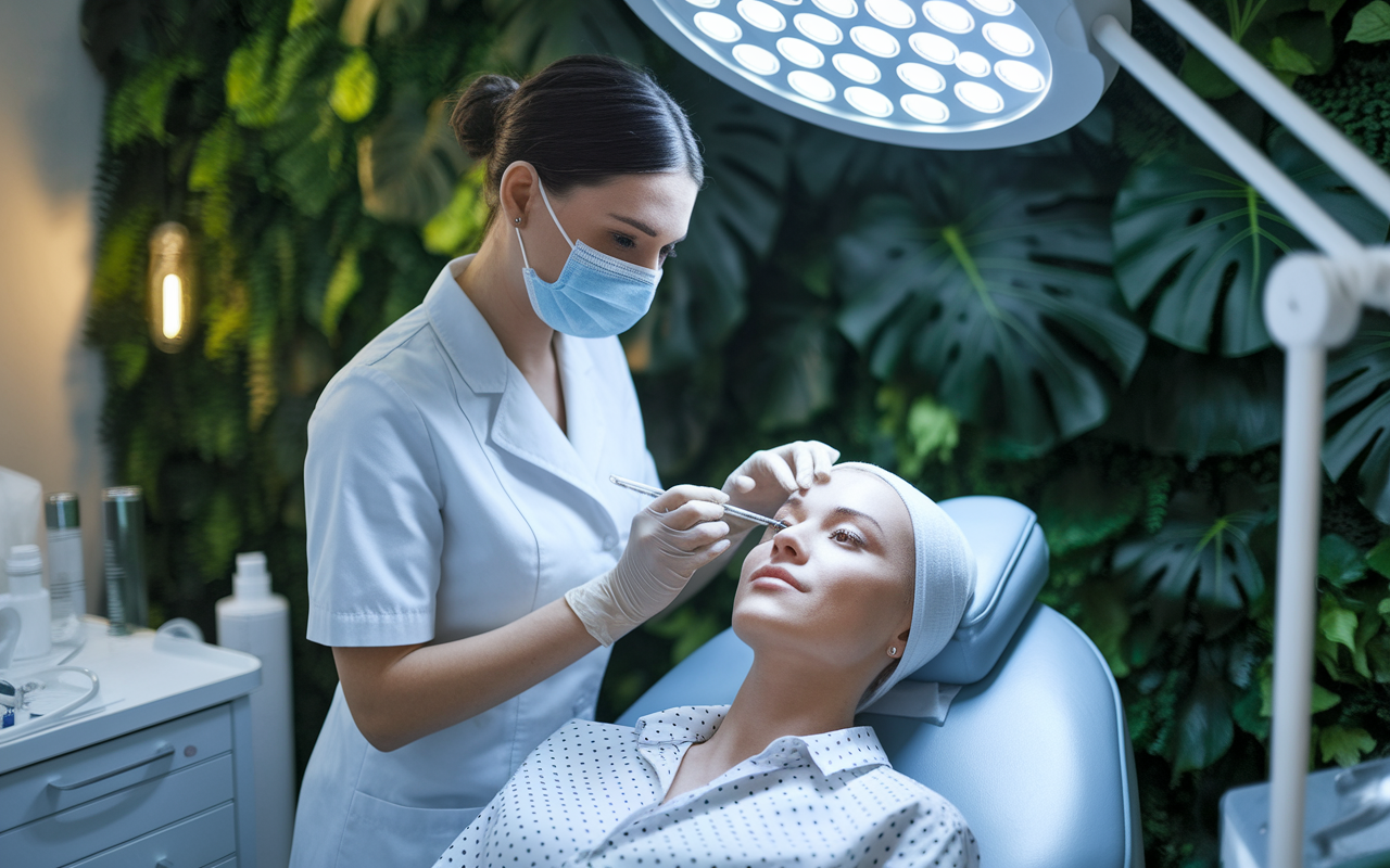 A dermatologist in a sleek, modern clinic, performing a cosmetic procedure on a patient under soft, natural lighting. The scene shows the doctor applying Botox with precision, surrounded by aesthetic tools and lush greenery that enhance the calming atmosphere. The patient appears relaxed yet excited, highlighting the blend of medical expertise and beauty enhancement in dermatology.