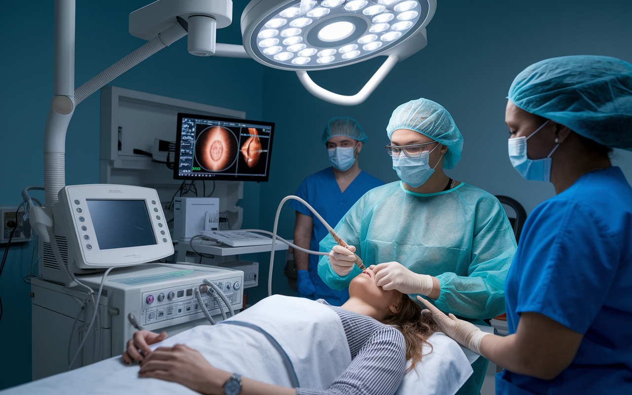 A gastroenterologist in a clinical setting, skillfully performing an endoscopy procedure on a patient under sedation. The room is equipped with advanced medical equipment and monitors. The doctor remains focused, wearing protective gear and a calm demeanor, while the nursing staff assists. The clinical environment showcases the importance of gastrointestinal health, making it visually engaging for understanding the specialty.