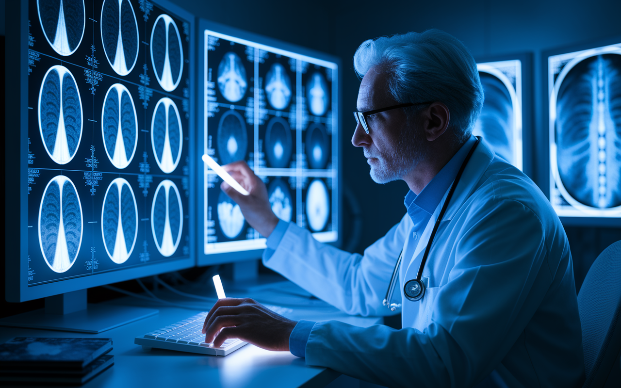 A radiologist intensely reviewing medical imaging scans in a dimly lit room filled with high-tech screens displaying detailed X-rays and MRIs. The doctor is illuminated by the soft glow of the monitors, wearing glasses and using a light pen to indicate findings. The scene emphasizes analytical skills and the significance of diagnostic imaging in modern medicine.