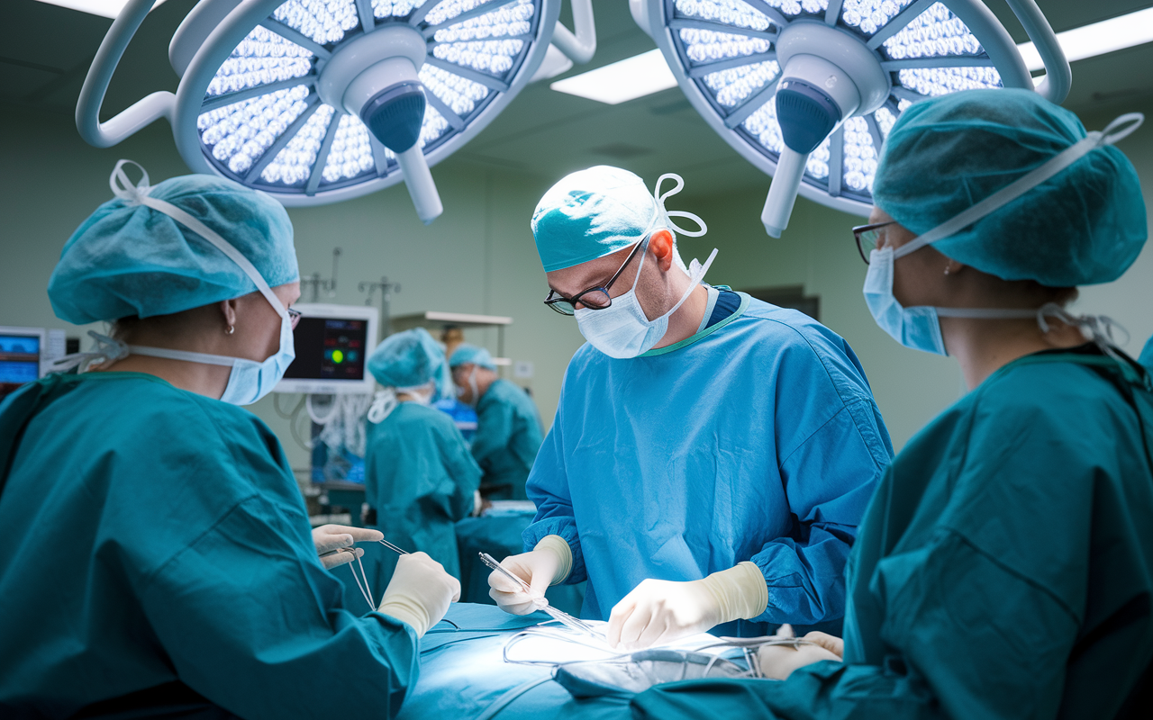 An anesthesiologist in a bright surgical suite, attentively monitoring a patient during surgery with sophisticated anesthesia equipment surrounding them. The scene captures the importance of their role in ensuring patient safety, with a clean, sterile environment and other medical personnel actively engaged. The anesthesiologist's focused expression highlights the responsibility and skill required in this specialty.