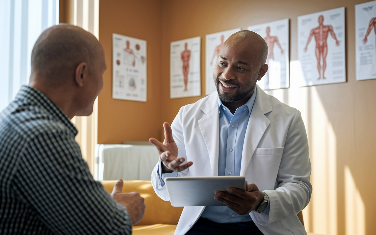 A urologist discussing treatment options with a patient in a private consultation room, filled with natural light and medical charts on the walls. The urologist, dressed in a white coat, is using a tablet to explain diagnoses while maintaining a reassuring posture. The scene reflects warmth and professionalism, emphasizing the physician-patient relationship in urology.