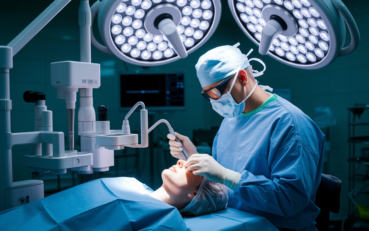 An ophthalmologist engaged in a LASIK eye surgery, surrounded by advanced medical instruments in a well-lit surgical theater. The patient lies calmly, with the doctor focused and wearing protective eyewear, demonstrating precision in a critical moment. The scene highlights the blend of technology and expertise required for eye health, emphasizing the rewards in the field of ophthalmology.