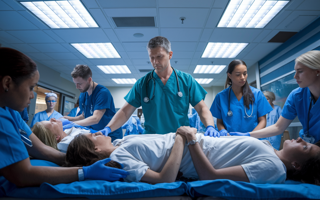 An emergency medicine physician in a busy emergency room, efficiently managing multiple patients in crisis. The scene is dynamic and intense, with paramedics and nurses working collaboratively. The physician, dressed in scrubs, displays a calm but urgent demeanor, reflecting the high-pressure environment of emergency medical care. Bright overhead lights illuminate the action, enhancing the urgency of the moment.