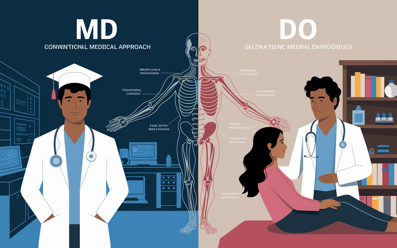 An informative infographic-style illustration showing a side-by-side comparison of the MD and DO degrees. On the left, an MD graduate with a lab coat in a high-tech hospital setting, emphasizing a conventional medical approach. On the right, a DO graduate practicing holistic techniques with a patient in a warm, inviting clinic environment. The background includes visual representations of anatomy and healing techniques, conveying the essence of both medical philosophies.