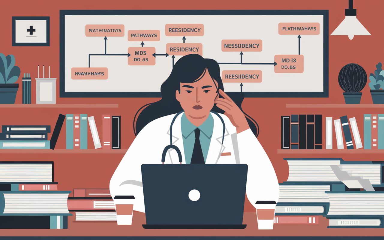 A dynamic depiction of a medical student surrounded by open laptops and stacks of applications, illustrating the residency application process. The student appears focused yet slightly anxious, in a cozy study filled with medical books and coffee cups. In the background, a flowchart displays the pathways of MDs and DOs through various residency programs, symbolizing the complex journey ahead.