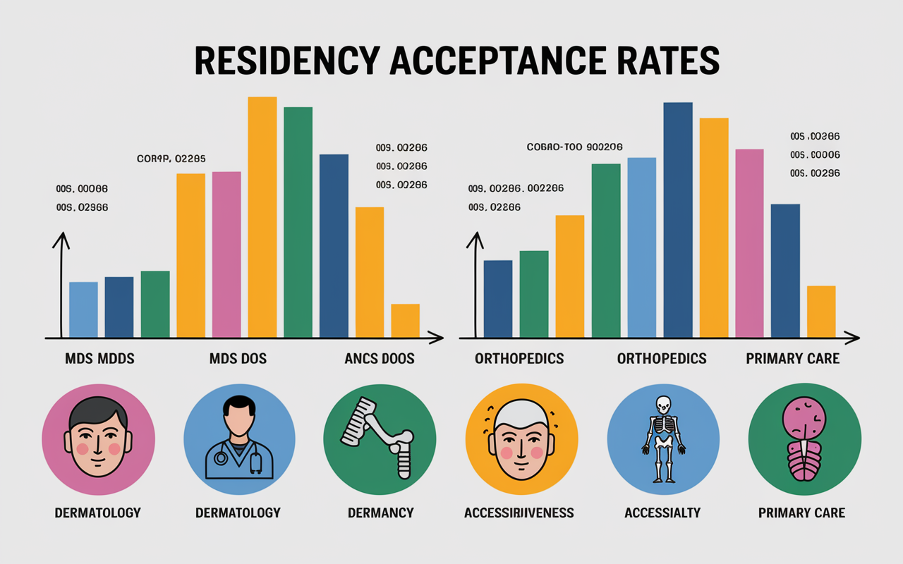 A graphical representation of residency acceptance rates, divided into different medical specialties such as dermatology, orthopedics, and primary care. Colorful bar graphs highlight the differences between MDs and DOs, with visual icons representing each specialty, like a skin diagram for dermatology and a skeletal model for orthopedics. Bright colors and symbols emphasize competitiveness and accessibility for both paths.