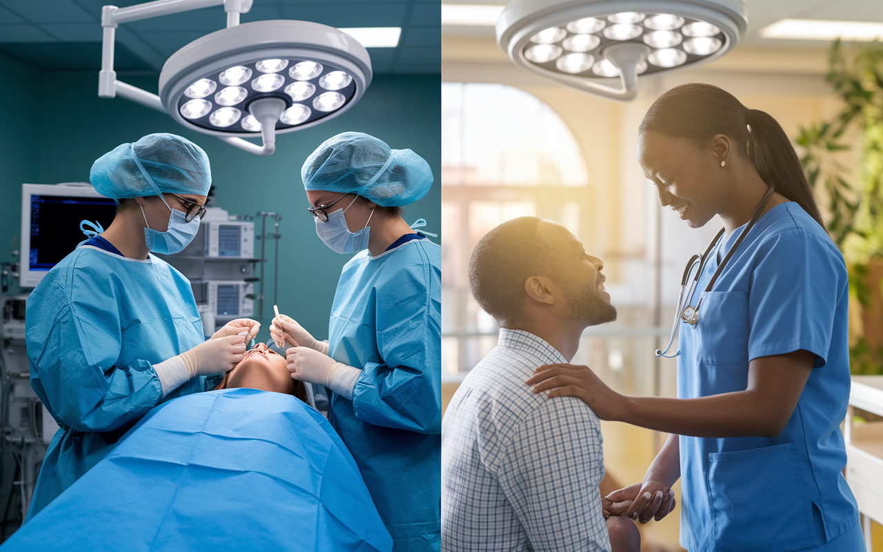 A side-by-side comparison of MD and DO residency training environments, featuring an allopathic hospital on one side and an osteopathic clinic on the other. MD residents are portrayed in a high-tech operating room focusing on surgical procedures, while DO residents interact closely with patients, utilizing hands-on techniques and a soothing environment. The light filtering in creates a welcoming atmosphere, showcasing the differences in training philosophies.