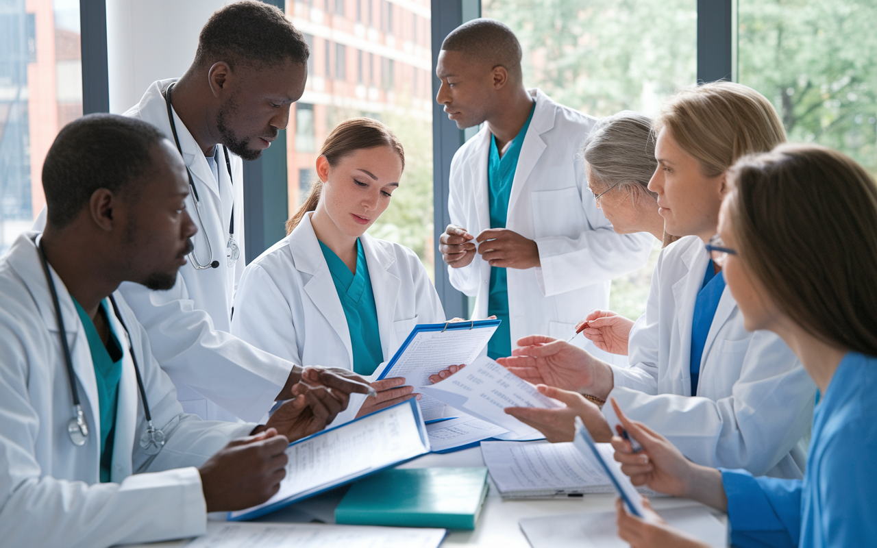 A group of diverse medical professionals participating in a fellowship program, engaged in hands-on training and discussions. The scene showcases physicians in lab coats and scrubs, studying complex medical charts, working in a cutting-edge laboratory, and collaborating on research projects. Natural light streams in through large windows, conveying an atmosphere of innovation and growth.