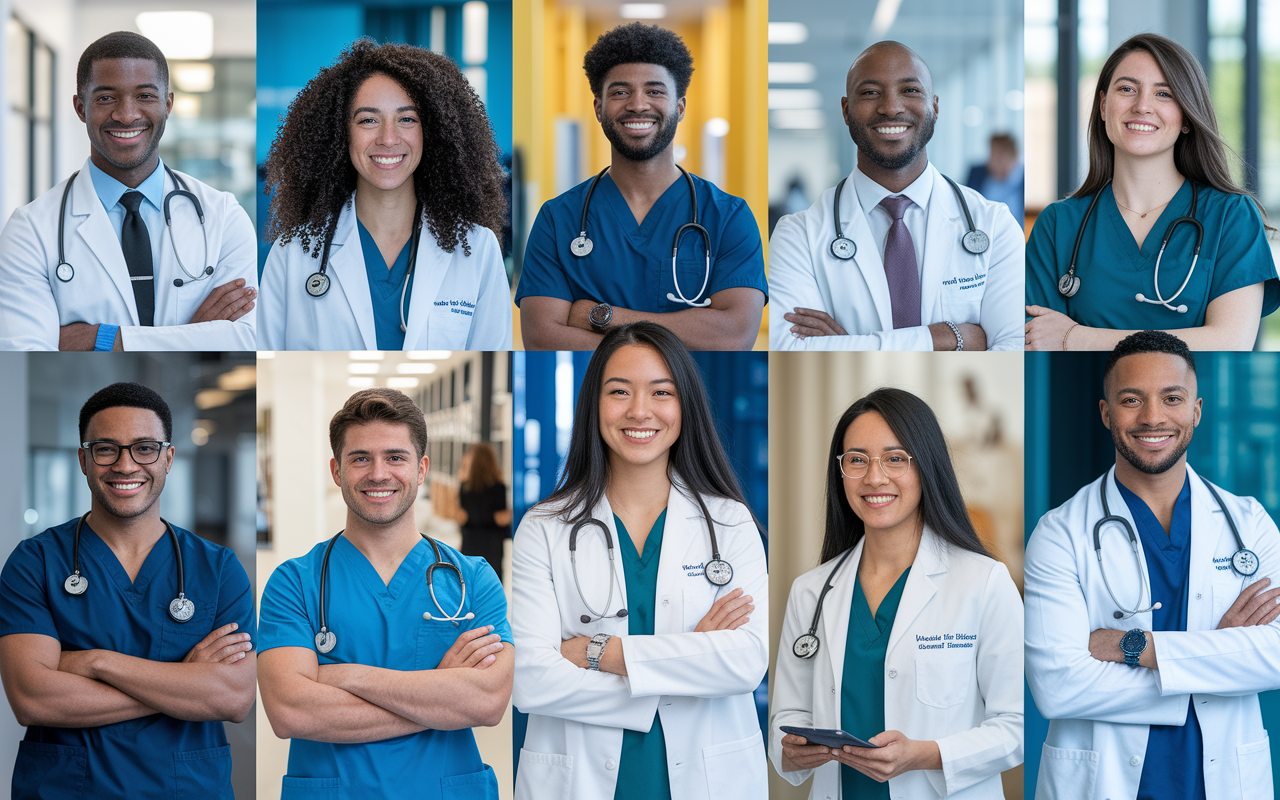 A montage showcasing successful DO graduates now thriving in various fellowship positions, collaborating with MDs in specialized environments, such as a cardiology conference and a research lab. The graduates are depicted as confident and engaged, highlighting a diverse and inclusive medical community. The setting is bright and dynamic, filled with cutting-edge technology and collaborative discussions.