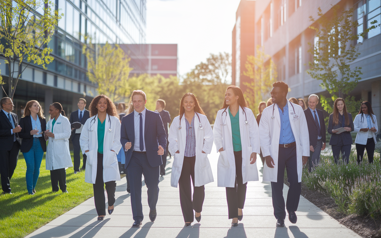 An aspirational scene depicting future physicians—DOs and MDs—walking together towards a bright horizon, symbolizing collaboration and equal opportunities in medicine. The setting is a vibrant medical campus filled with greenery, modern buildings, and diverse groups of students engaging in discussions. Warm sunlight creates a hopeful and optimistic atmosphere, suggesting a shared future in healthcare.