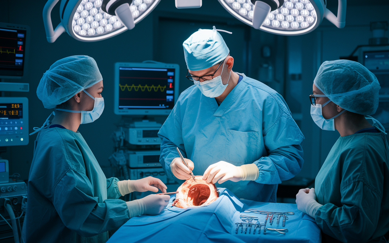 An orthopedic surgeon meticulously performing a joint replacement surgery. The scene is set in a brightly lit operating room, surrounded by advanced surgical equipment and attentive medical staff. The surgeon, wearing scrubs and a surgical mask, is focused on the intricate procedure with tools in hand and a look of concentration. Monitors displaying vital signs glow in the background, highlighting the importance of precision and care in this high-paying specialty.