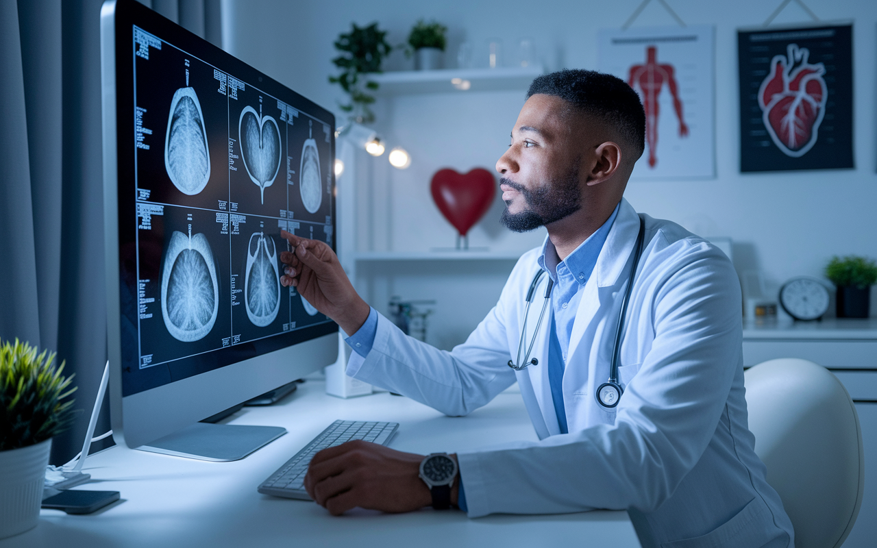 A cardiologist in a modern clinic, intently looking at heart scan results on a large monitor. The room is decorated with medical charts and heart models, signifying the focus on cardiovascular care. Soft lighting creates an inviting atmosphere, while the cardiologist, dressed in a white coat, appears knowledgeable and professional. The scene encapsulates the importance of technology and expertise in heart health.