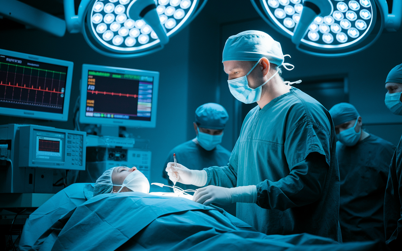 An anesthesiologist monitoring a patient in a surgical setting, expertly managing anesthesia levels. The scene captures the intensity of an operating room, with monitors displaying the patient's vital statistics and surgical lights casting bright illumination. The anesthesiologist, focused and serious, adjusts equipment and communicates with the surgical team, highlighting the critical role they play in patient safety during surgical procedures.