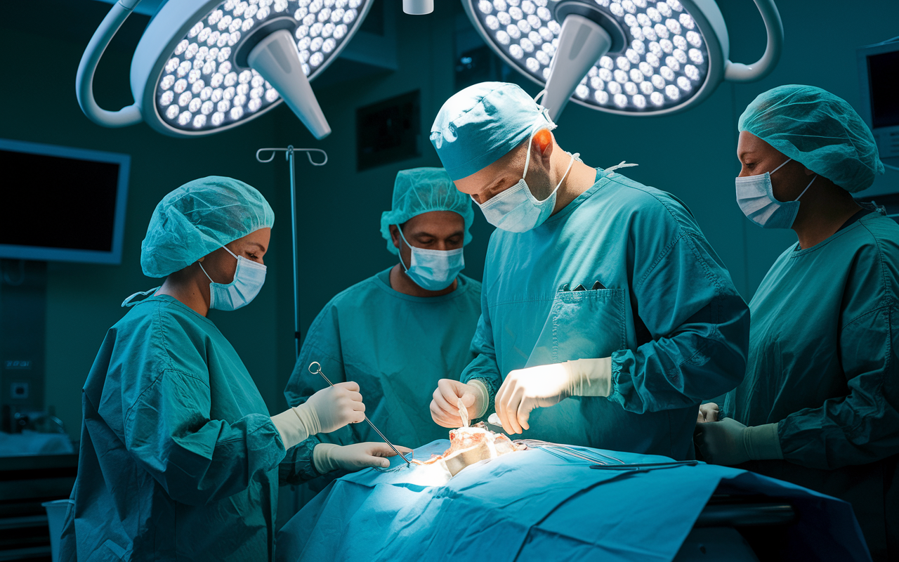 A dynamic scene depicting an orthopedic surgeon in a surgical theater, clad in scrubs and a surgical mask, focused on performing a complex bone surgery. Bright surgical lights illuminate the operating room, revealing advanced medical equipment, while an attentive surgical team assists in the background, highlighting teamwork and precision in a high-stakes environment.