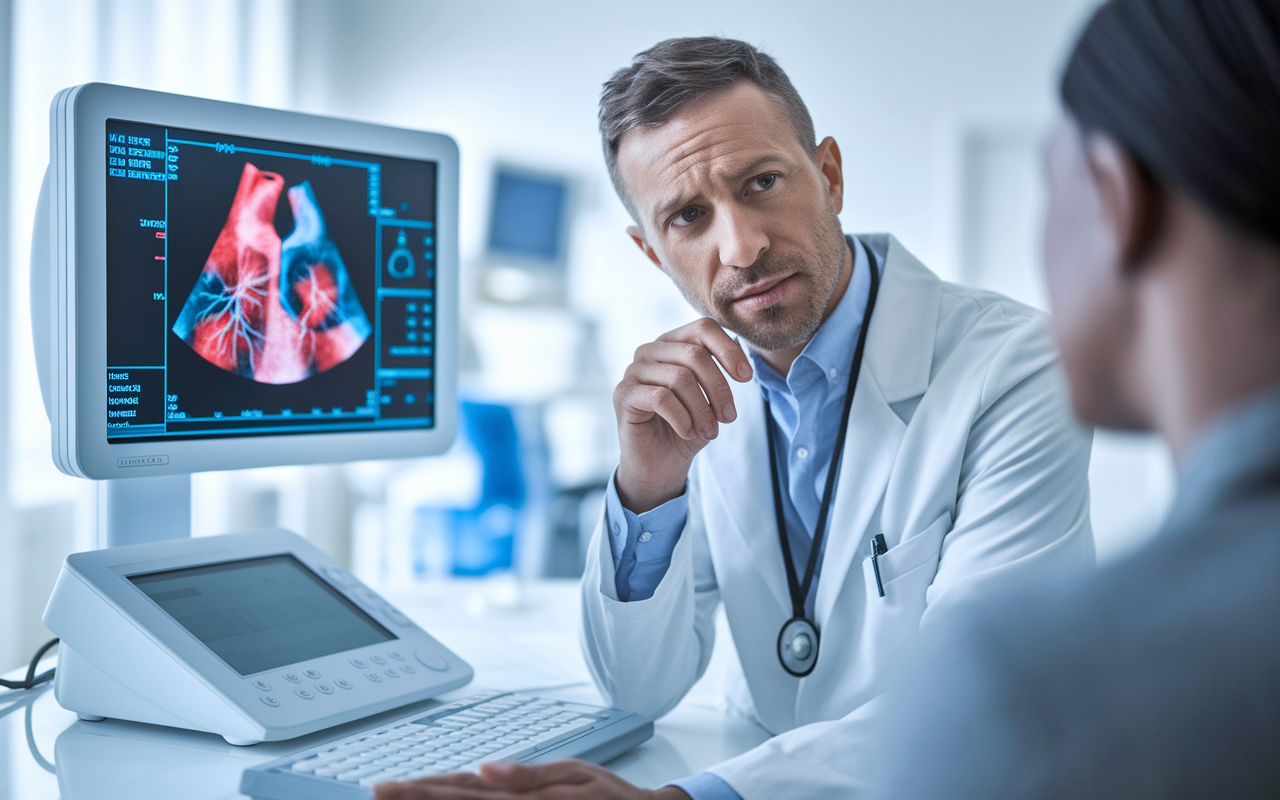 A focused cardiologist examining a digital monitor displaying an echocardiogram in a modern cardiology clinic. The room is bright and airy, filled with advanced medical technology. The cardiologist, who appears deep in thought, is consulting with a patient, conveying attention and care, emphasizing the importance of heart health.