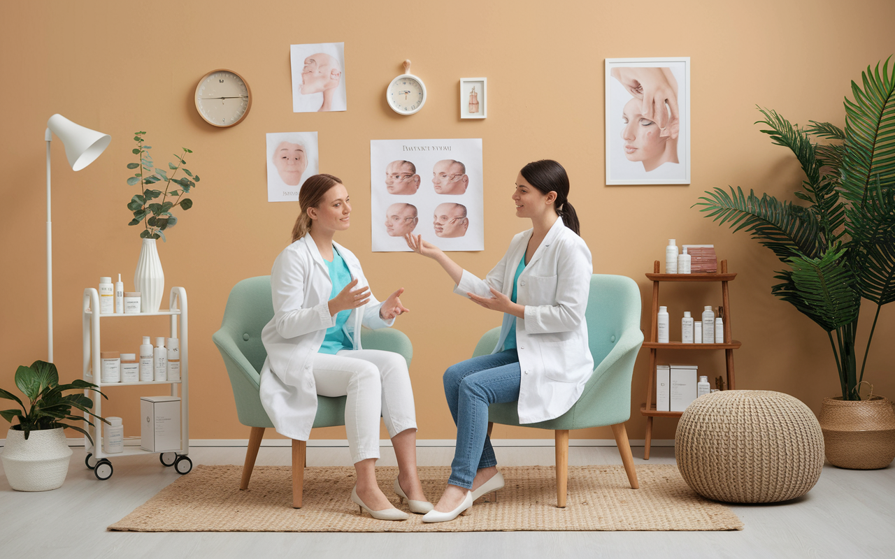 A warm and inviting dermatology office with a dermatologist explaining skin treatment options to a patient, surrounded by soothing colors and skincare products. The scene captures a sense of reassurance and professionalism as they discuss treatment diagrams and before-and-after visuals, showcasing the blend of medicine and aesthetics.