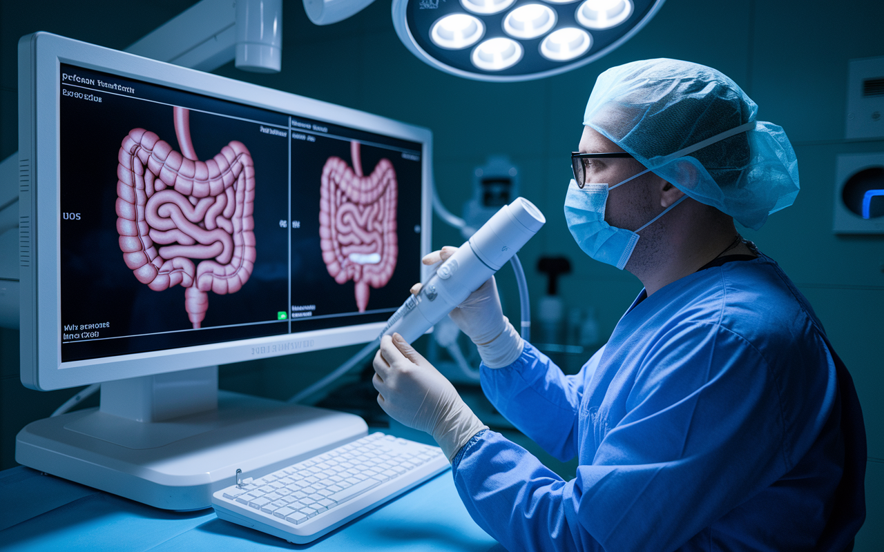 A gastroenterologist in a sterile procedure room, performing an endoscopy with advanced imaging equipment. The scene captures the professional intensity as the doctor focuses on the monitor, displaying the digestive tract, with bright, clinical lighting ensuring clarity and precision in the visualization of internal health.