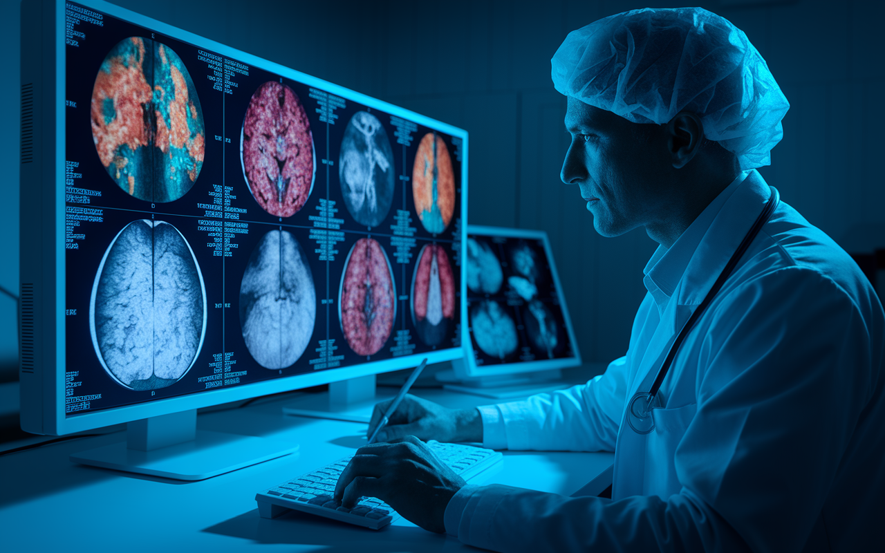 A radiologist in a darkened imaging room, intently reviewing MRI scans on a high-resolution computer screen. The room is equipped with advanced digital monitors displaying colorful images of various organs. The scene emphasizes focus and expertise, with a soft blue light illuminating the radiologist's notes, highlighting the importance of precision in diagnostics.